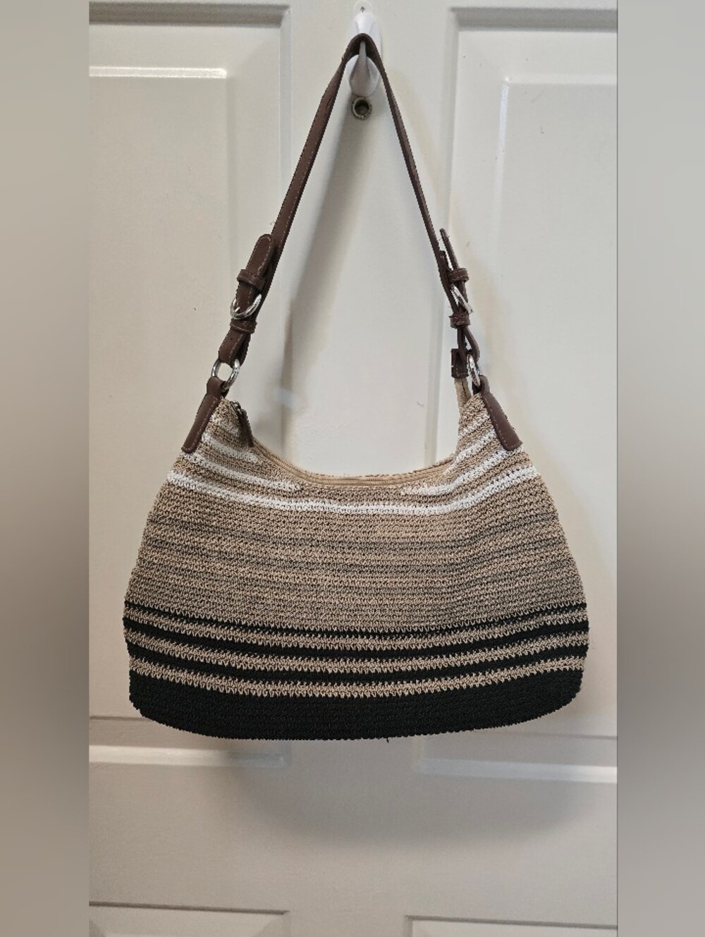 Woven Striped Shoulder Bag – Beige, Black & White- Unbranded